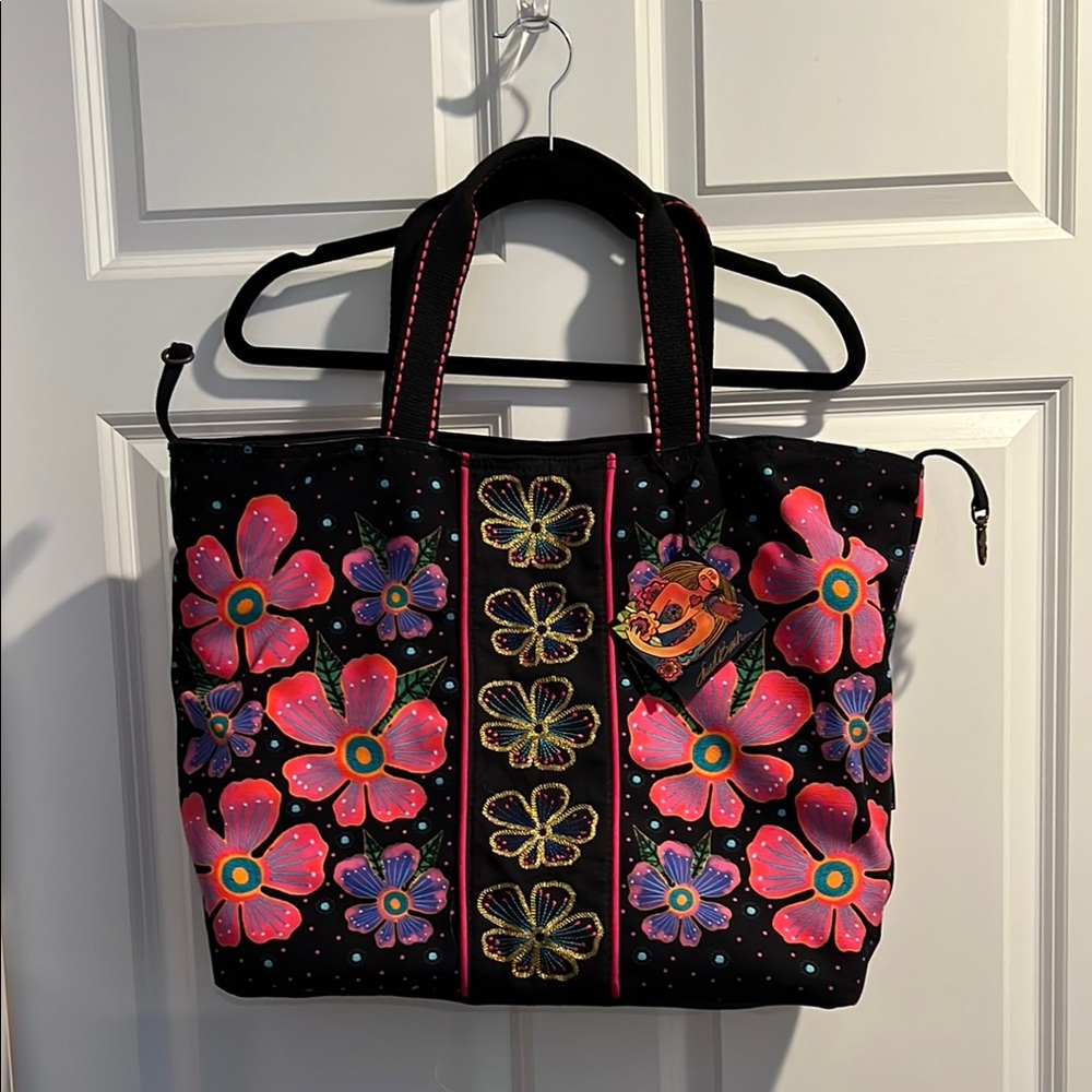 NWT Laurel Burch Black and Pink Floral Tote